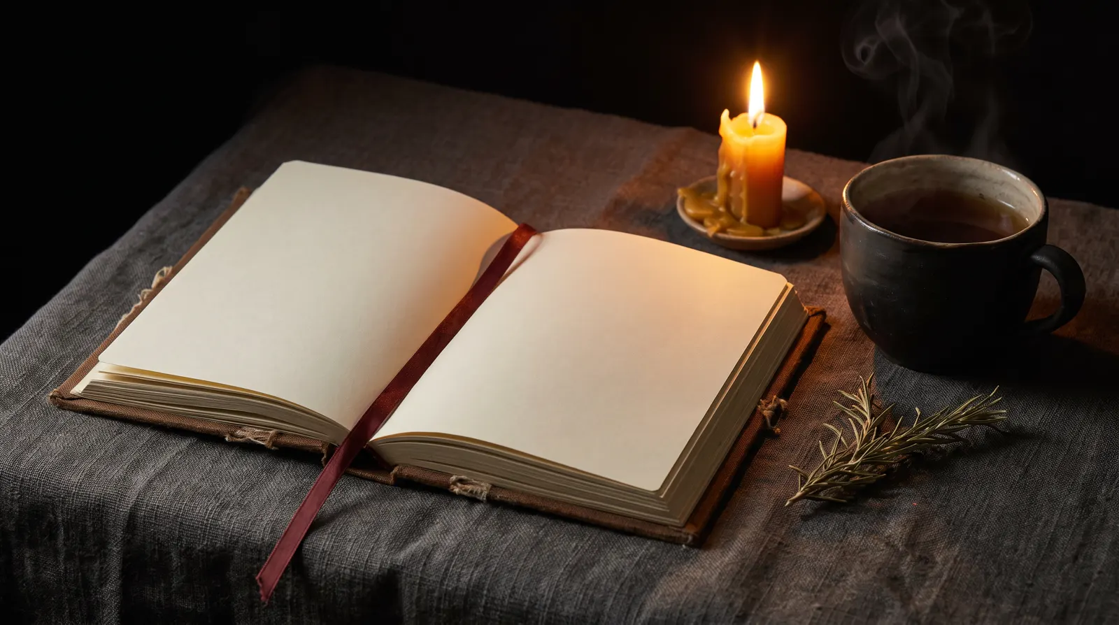 Cuaderno abierto junto a una vela y una taza de té
