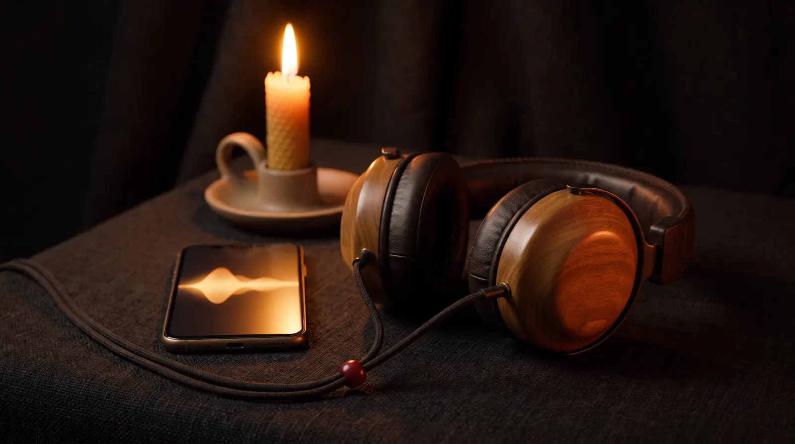 Auriculares de madera y cuero junto a un móvil con una onda de audio cálida
