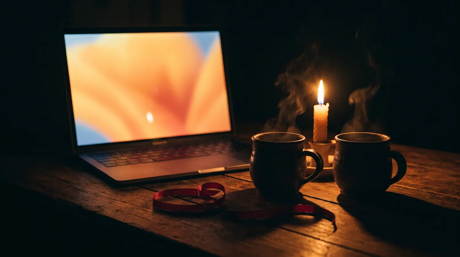 Dos tazas de té frente a un portátil encendido a luz de vela