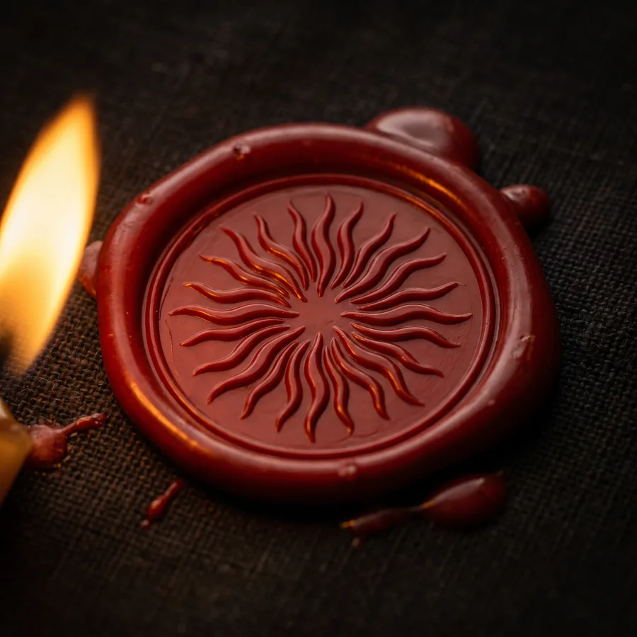 Sello de cera roja sobre lino oscuro